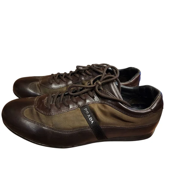 Prada Men's Dark Brown Leather & Nylon Low Top Sneakers Sz 11